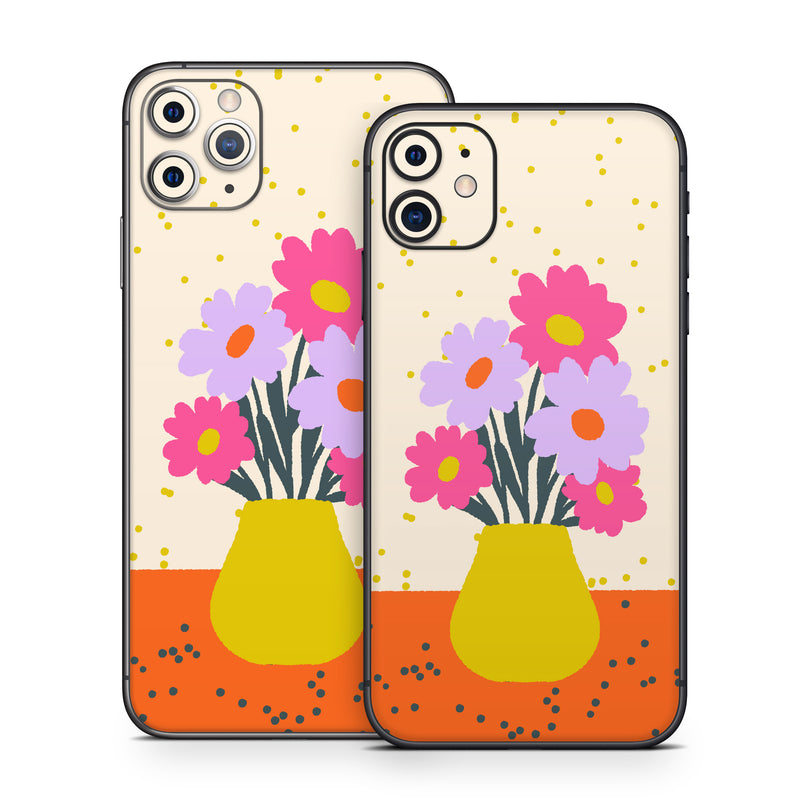 iPhone 11 Series Skin design of Flower, Plant, Vase, Flowerpot, Petal, Happy, People in nature, Liquid, Font, Art, with white, orange, pink, purple, yellow colors