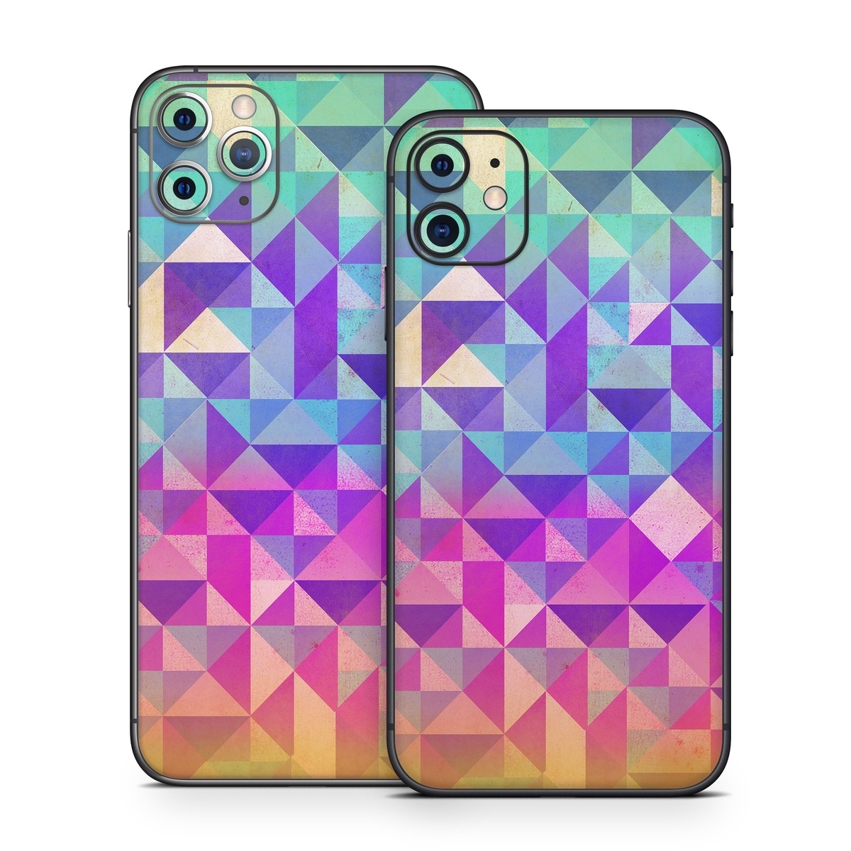 iPhone 11 Series Skin design of Pattern, Purple, Triangle, Violet, Magenta, Line, Design, Symmetry, Psychedelic art, with gray, purple, green, blue, pink colors