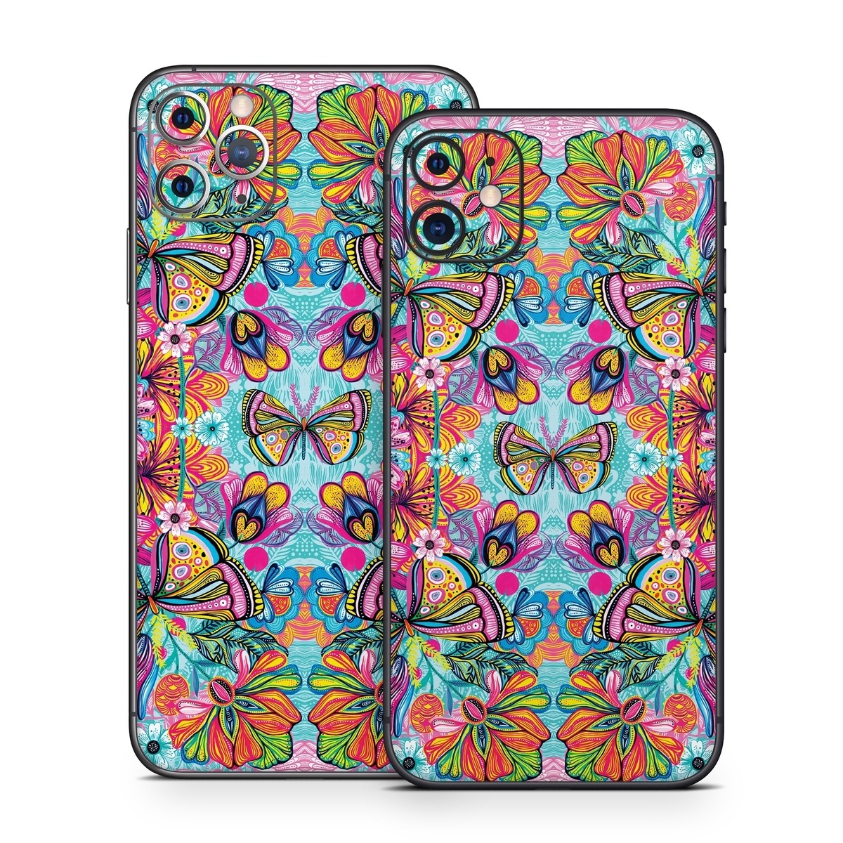 iPhone 11 Series Skin design of Pattern, Design, Textile, Psychedelic art, Visual arts, Symmetry, Art, Motif, with blue, pink, green, yellow, orange, purple colors