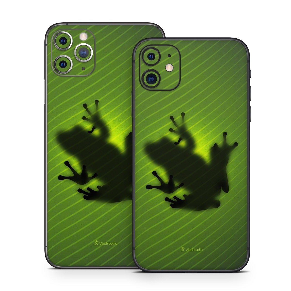 iPhone 11 Series Skin design of Green, Frog, Tree frog, Amphibian, Shadow, Silhouette, Macro photography, Illustration, with green, black colors