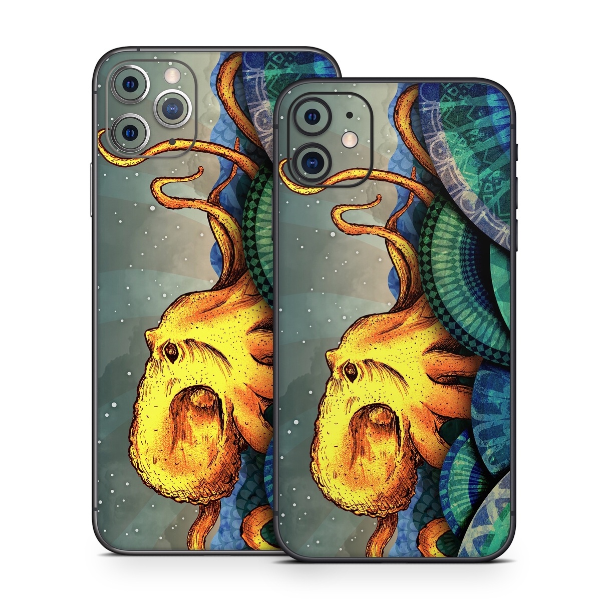 iPhone 11 Series Skin design of Illustration, Fractal art, Art, Cg artwork, Sky, Organism, Psychedelic art, Graphic design, Graphics, Octopus, with black, gray, blue, green, red colors