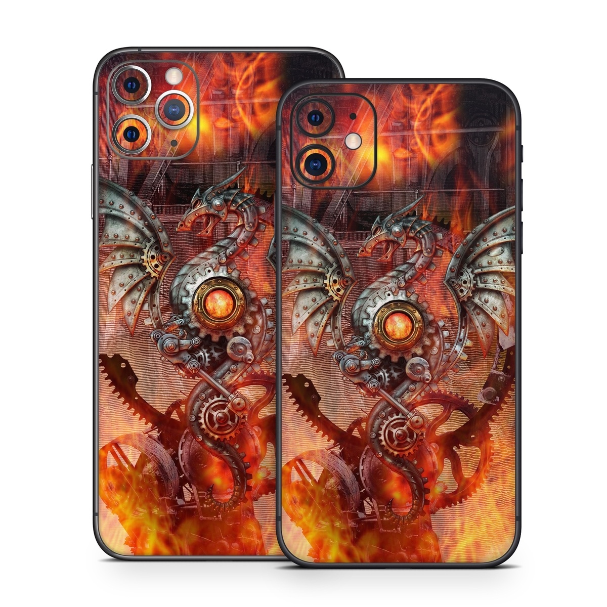 iPhone 11 Series Skin design of Dragon, Demon, Cg artwork, Illustration, Fictional character, Fractal art, Flame, Art, Mythology, Supernatural creature, with red, black, orange, pink, green colors