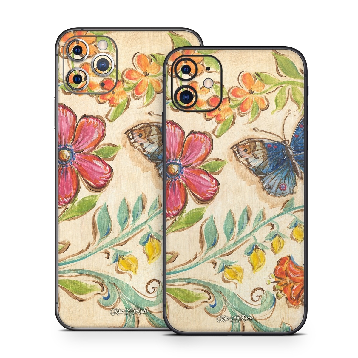 iPhone 11 Series Skin design of Butterfly, Moths and butterflies, Insect, Pollinator, Plant, Pattern, Watercolor paint, Wildflower, Visual arts, Brush-footed butterfly, with gray, pink, green, red, orange, blue colors