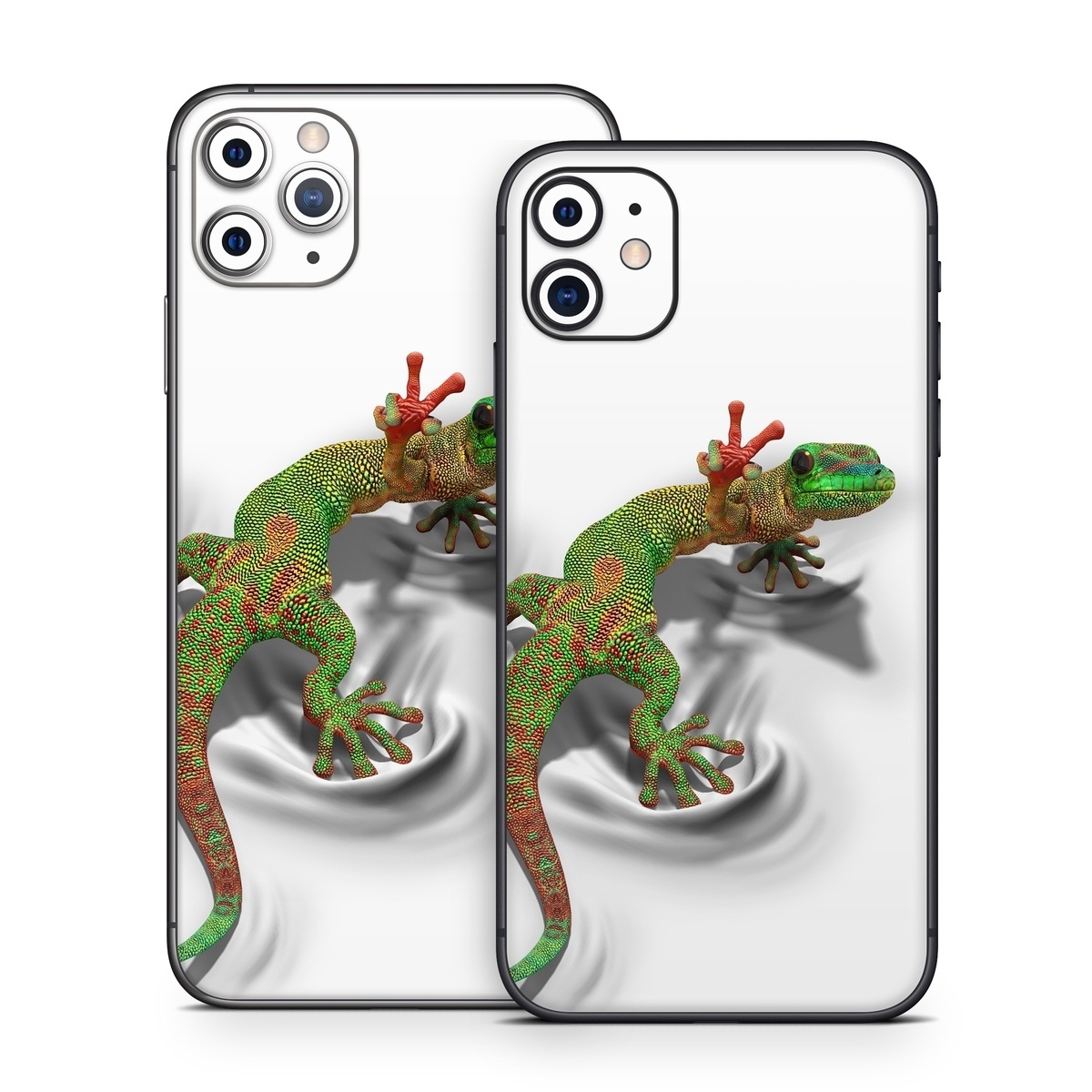 iPhone 11 Series Skin design of Lizard, Reptile, Gecko, Scaled reptile, Green, Iguania, Animal figure, Wall lizard, Fictional character, Iguanidae, with white, gray, black, red, green colors