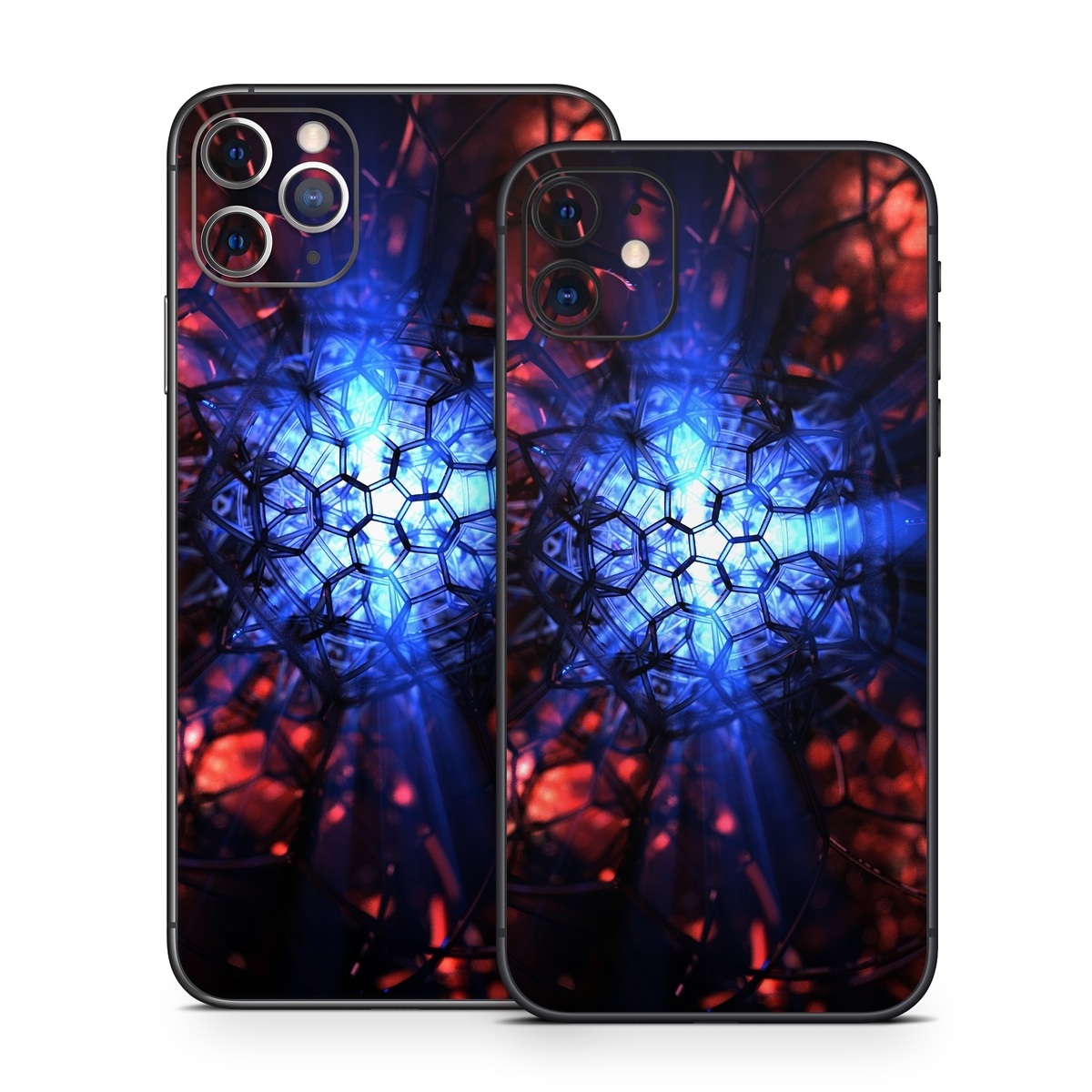 iPhone 11 Series Skin design of Blue, Fractal art, Red, Light, Pattern, Lighting, Art, Kaleidoscope, Design, Psychedelic art, with black, blue, red colors