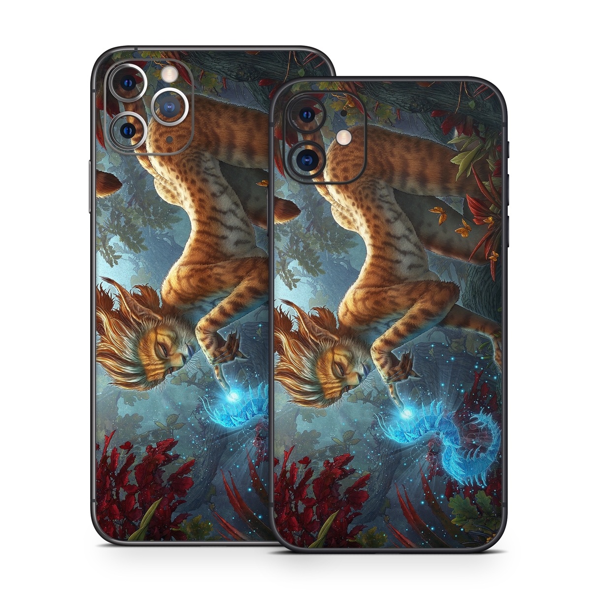 iPhone 11 Series Skin design of Fictional character, Mythology, Illustration, Cg artwork, Sky, Organism, Dragon, Felidae, Mythical creature, Art, with yellow, red, black, green, blue colors