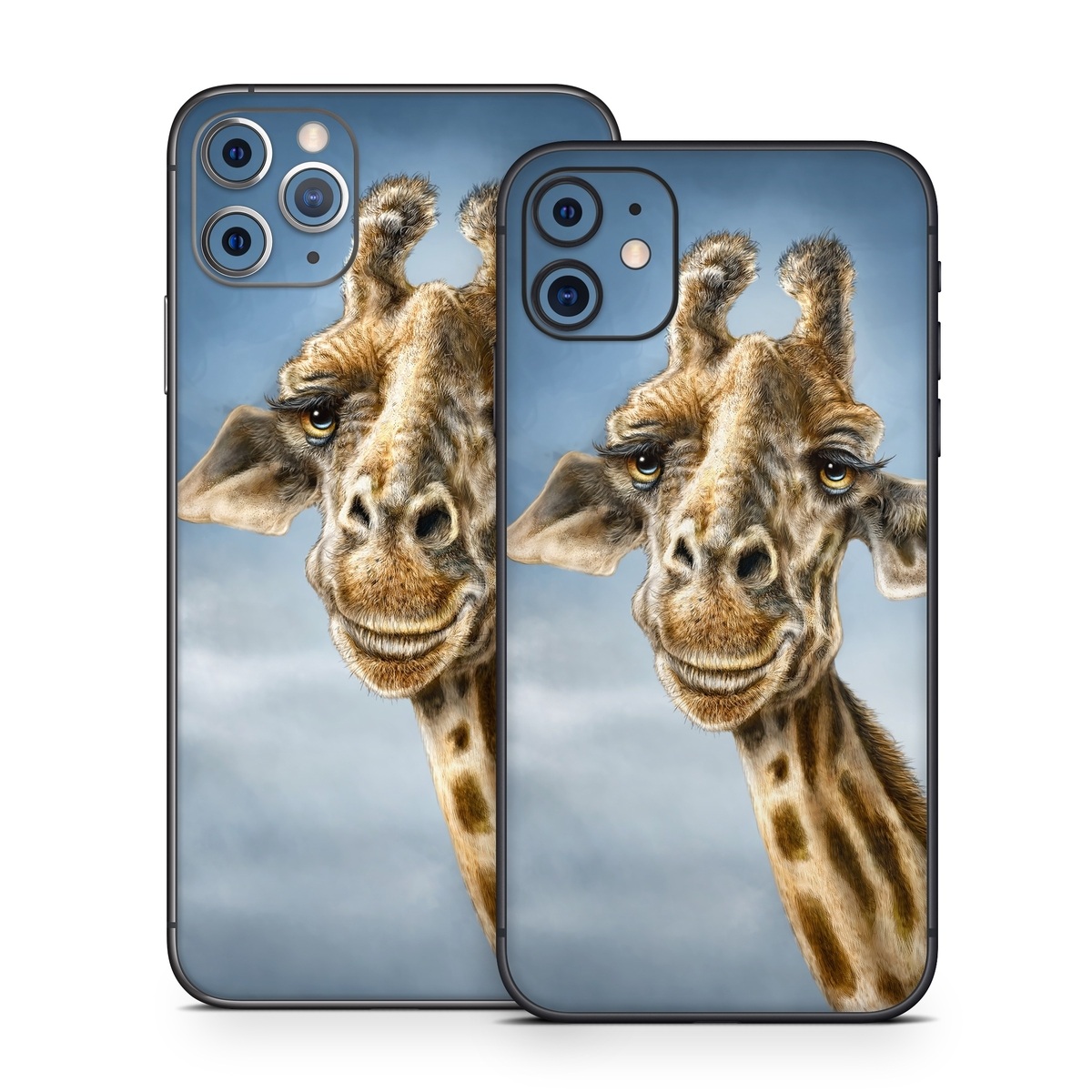 iPhone 11 Series Skin design of Giraffe, Giraffidae, Terrestrial animal, Wildlife, Head, Snout, Organism, Adaptation, Close-up, Neck, with gray, black, blue, green colors