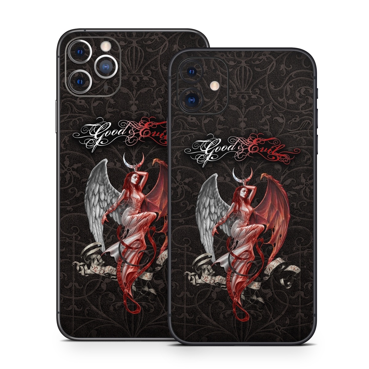 iPhone 11 Series Skin design of Illustration, Fictional character, Graphic design, Supernatural creature, Demon, Cg artwork, Art, Mythology, Angel, Wing, with black, white, red colors