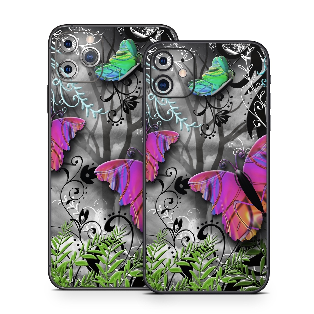 iPhone 11 Series Skin design of Butterfly, Pink, Purple, Violet, Organism, Spring, Moths and butterflies, Botany, Plant, Leaf, with black, gray, green, purple, red colors