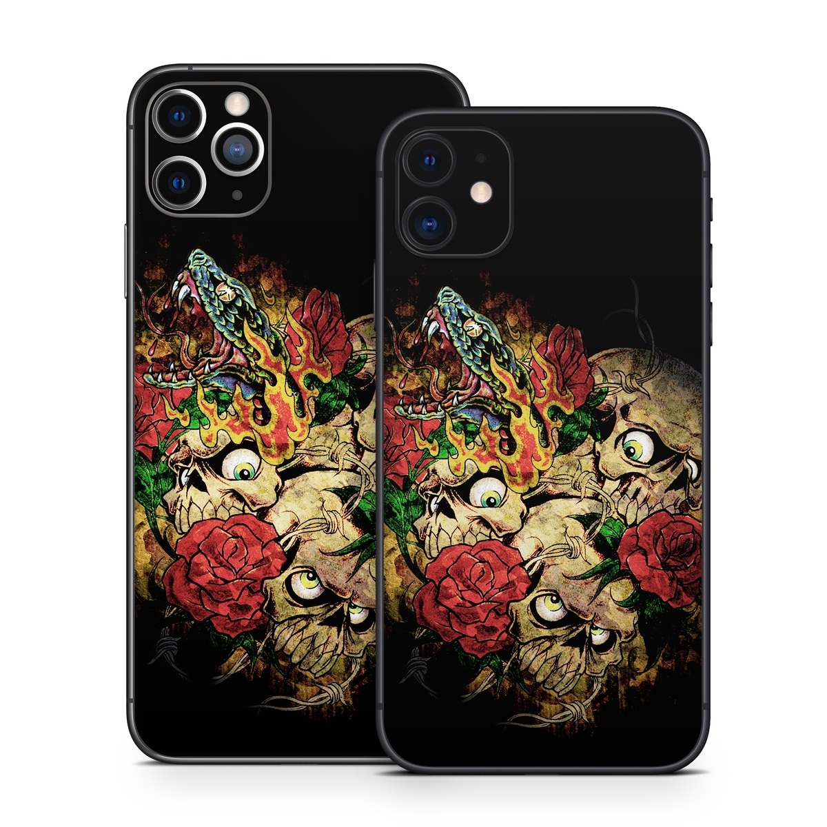 iPhone 11 Series Skin design of Illustration, Bouquet, Art, Skull, Plant, Rose, Flower, Graphic design, Fictional character, Floral design, with black, red, green, gray colors