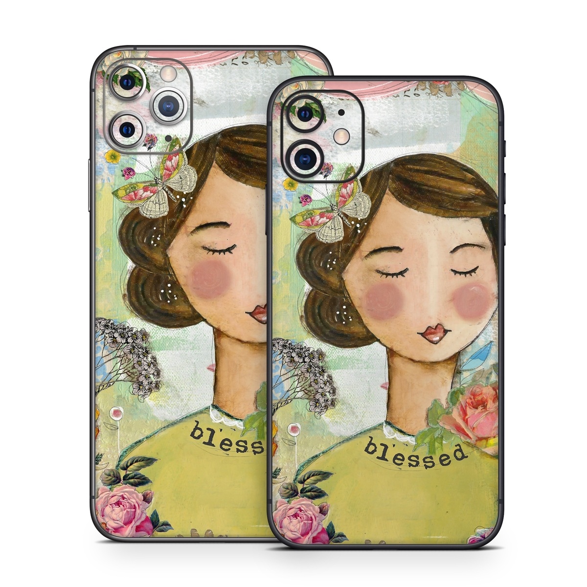 iPhone 11 Series Skin design of Illustration, Cheek, Art, Watercolor paint, Retro style, Painting, Plant, Flower, Fashion illustration, Fictional character, with pink, green, yellow, white, red, blue colors