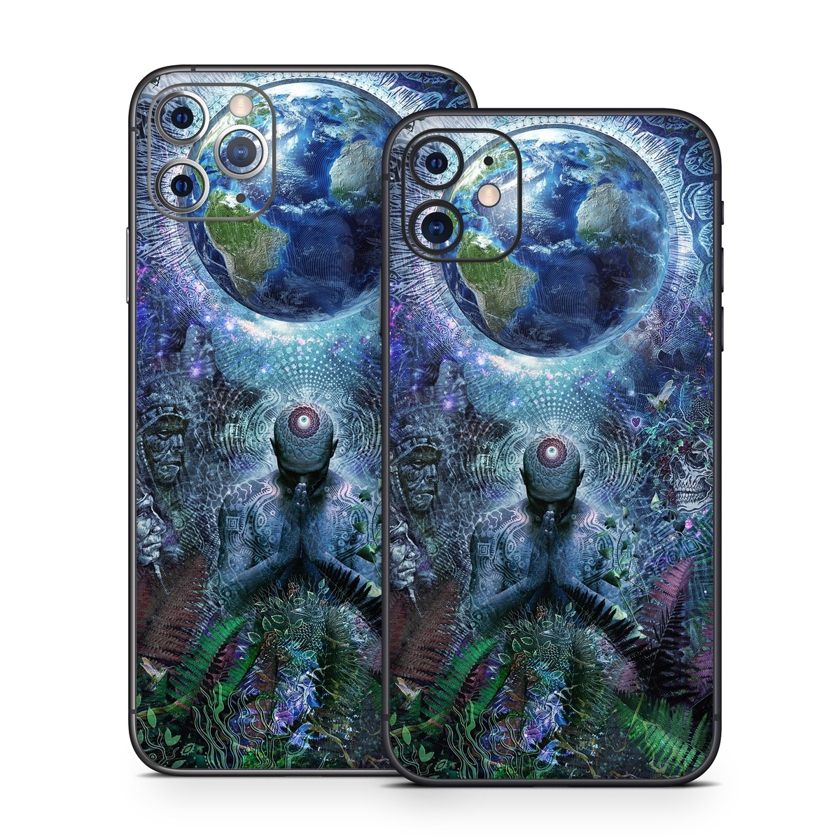 iPhone 11 Series Skin design of Psychedelic art, Fractal art, Art, Space, Organism, Earth, Sphere, Graphic design, Circle, Graphics, with blue, green, gray, purple, pink, black, white colors