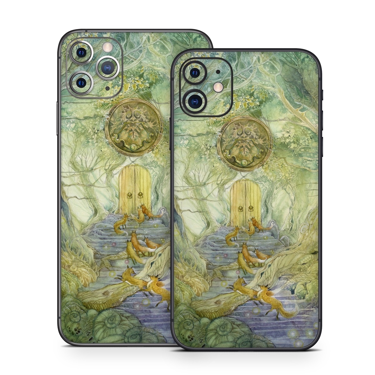 iPhone 11 Series Skin design of Painting, Art, Mythology, Visual arts, Watercolor paint, Organism, Fictional character, Modern art, Landscape, Acrylic paint, with green, brown, red, yellow, blue, purple colors