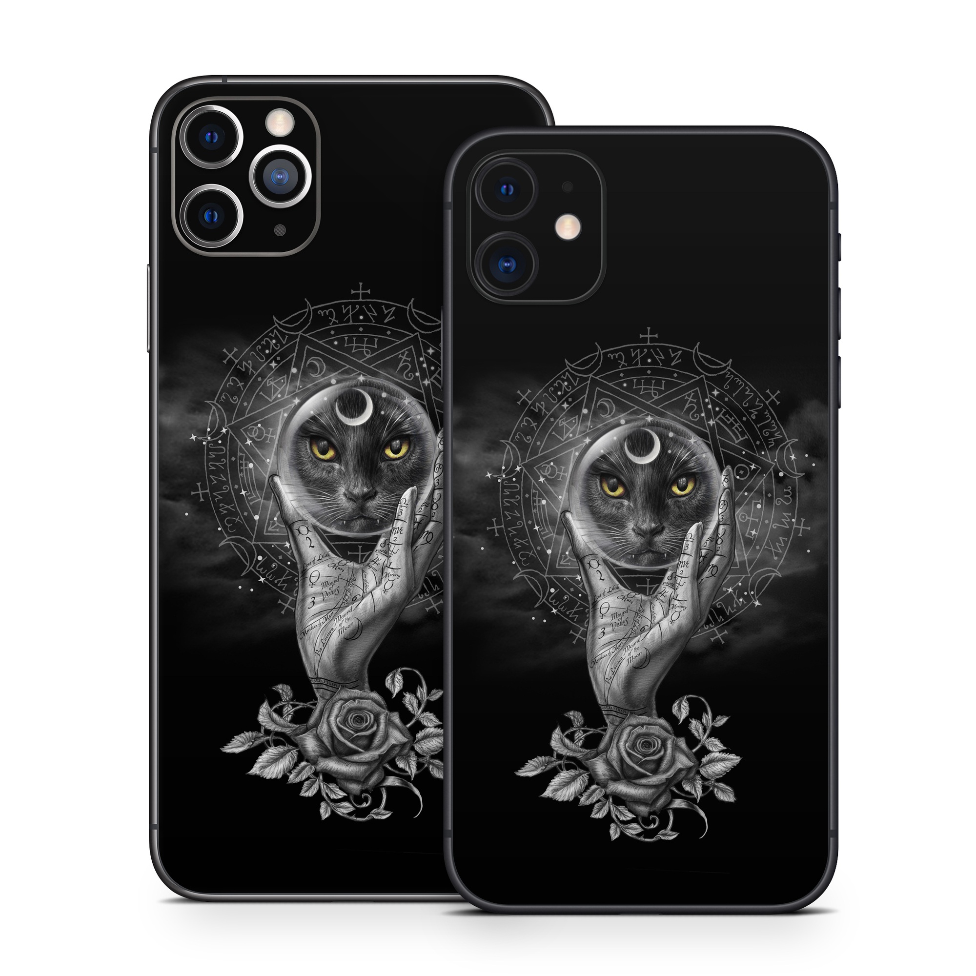 iPhone 11 Series Skin design of Head, Eye, Flash photography, Painting, Headgear, Art, Font, Snout, Darkness, Owl, with black, white, gray colors