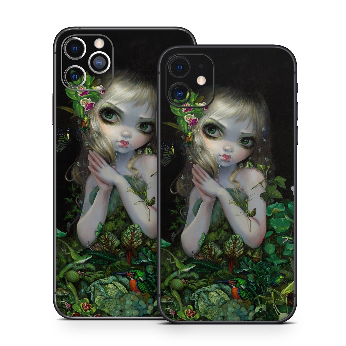 iPhone 11 Series Skin design of Green, Doll, Fictional character, Lip, Plant, Supervillain, Flower, Illustration, Ivy, Fawn, with black, white, green, red colors