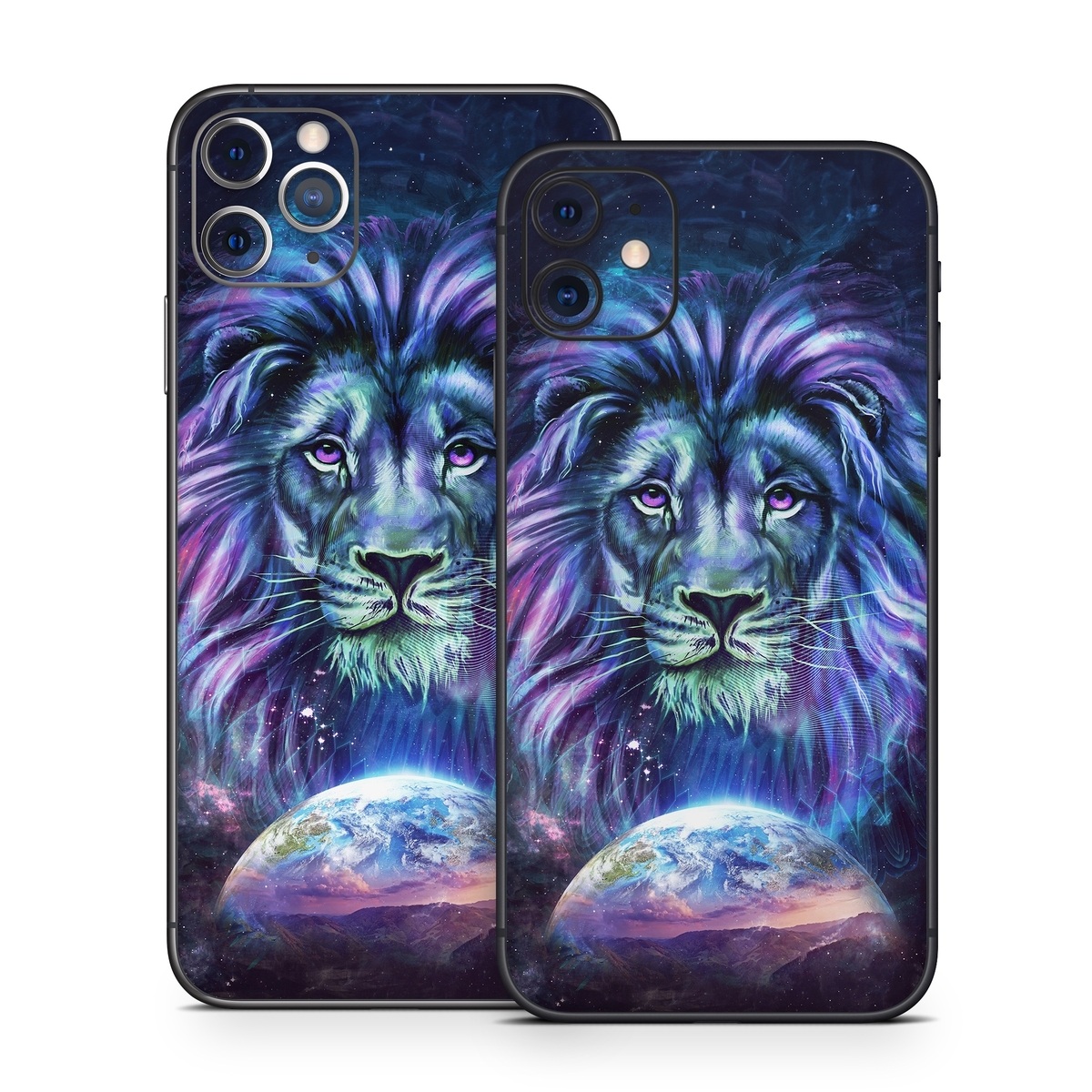 iPhone 11 Series Skin design of Lion, Felidae, Purple, Wildlife, Big cats, Illustration, Darkness, Space, Painting, Art, with purple, blue, green, black, white, red colors