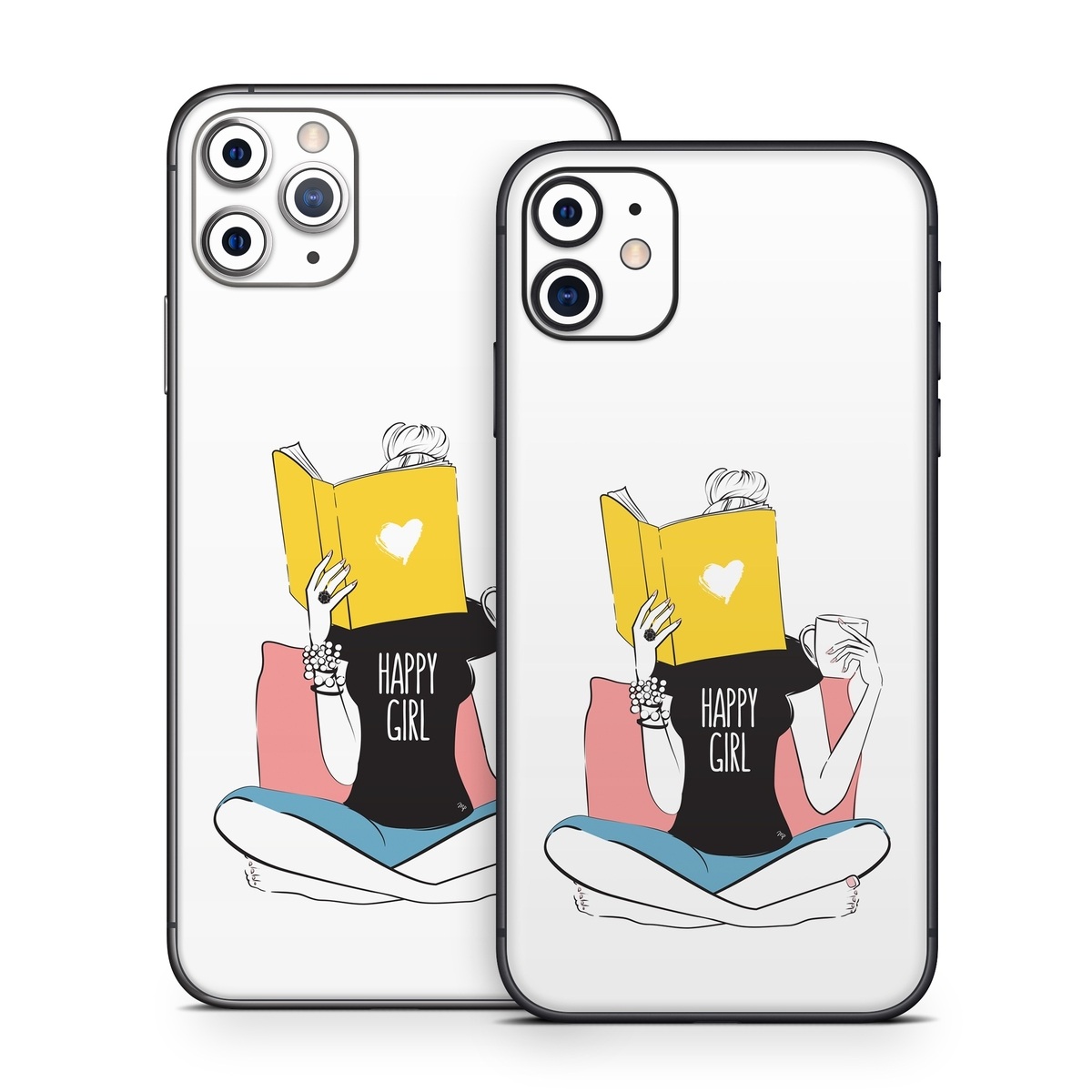 iPhone 11 Series Skin design of White, Sleeve, Gesture, Cartoon, Comfort, Elbow, Font, Graphics, Knee, Art, with white, black, blue, pink, yellow colors