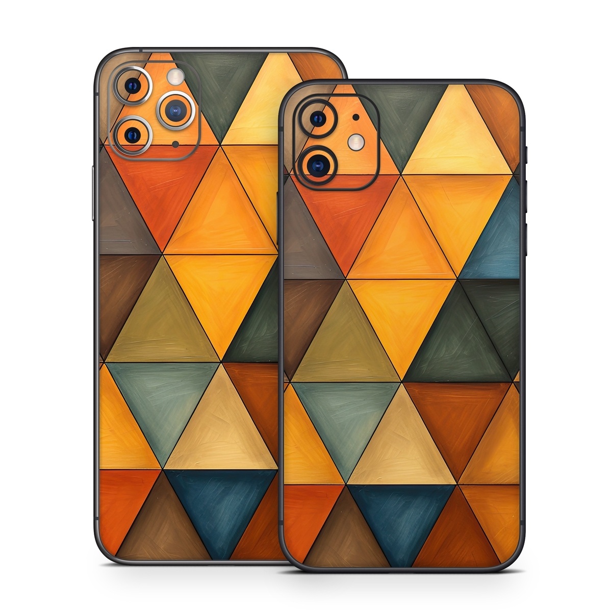 iPhone 11 Series Skin design of Brown, Colorfulness, Rectangle, Azure, Amber, Orange, Triangle, Art, Flooring, Line, with yellow, orange, red, black, blue, brown colors