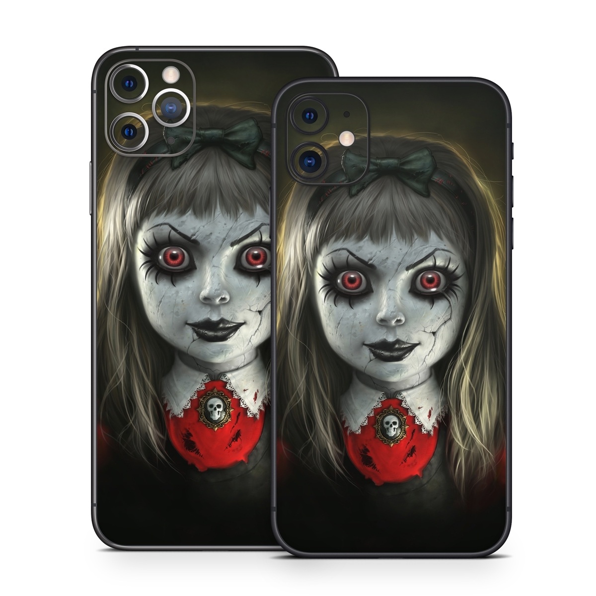 iPhone 11 Series Skin design of Fiction, Illustration, Fictional character, Ghost, Darkness, Vampire, Goth subculture, Zombie, Art, Skull, with white, red, black, yellow colors