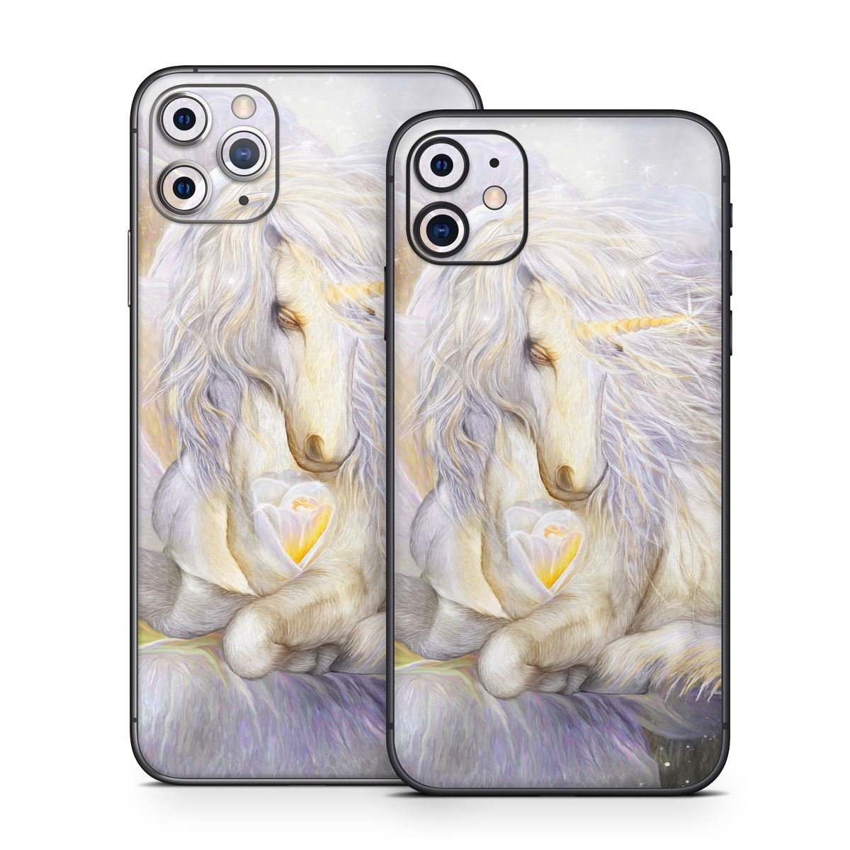 iPhone 11 Series Skin design of Fictional character, Mythical creature, Unicorn, Sky, Mythology, Supernatural creature, Illustration, with gray, black, green, pink, blue colors