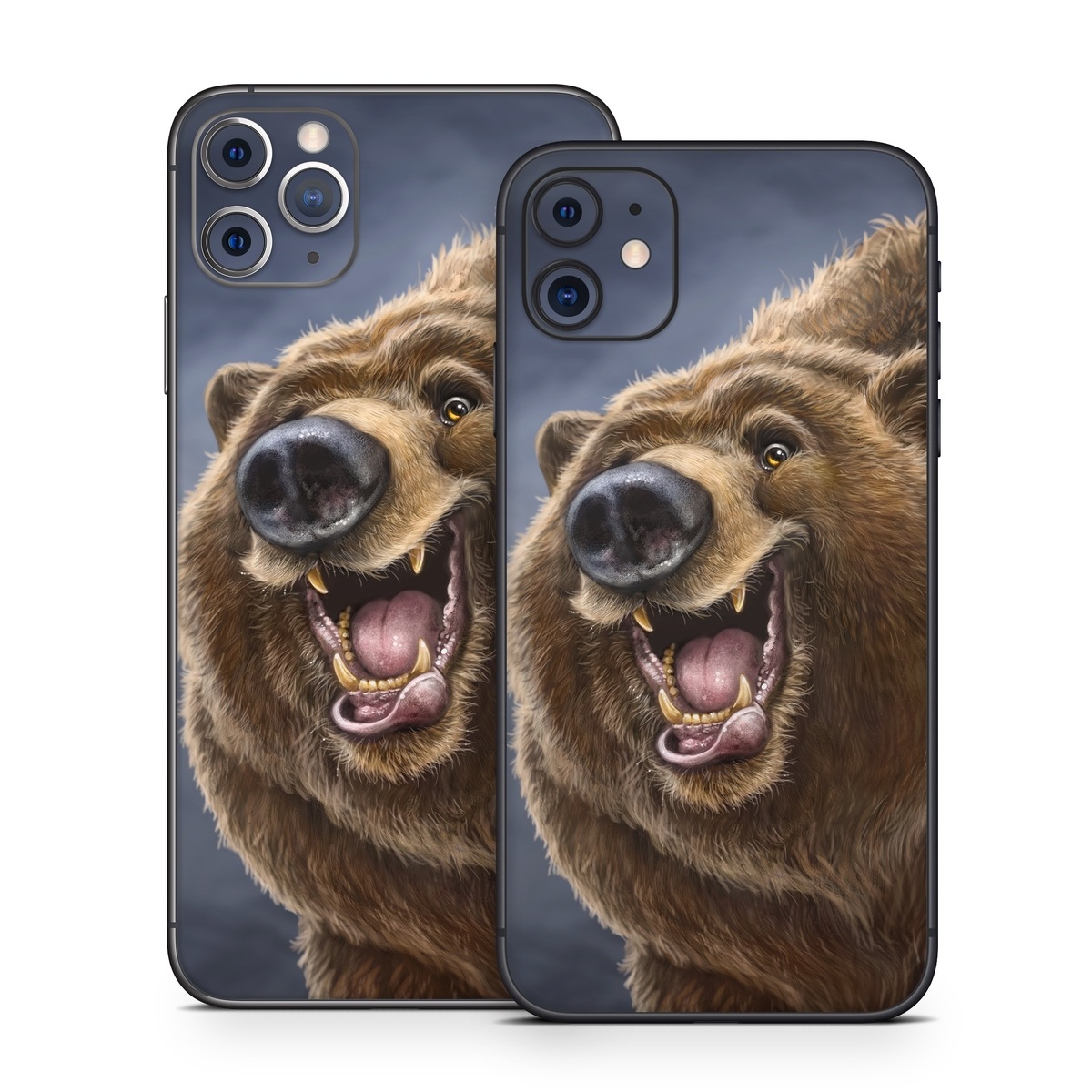 iPhone 11 Series Skin design of Brown bear, Kodiak bear, Carnivore, Grizzly bear, Terrestrial animal, Snout, Bear, Whiskers, Fur, Fang, with brown, black, white, pink, gray colors