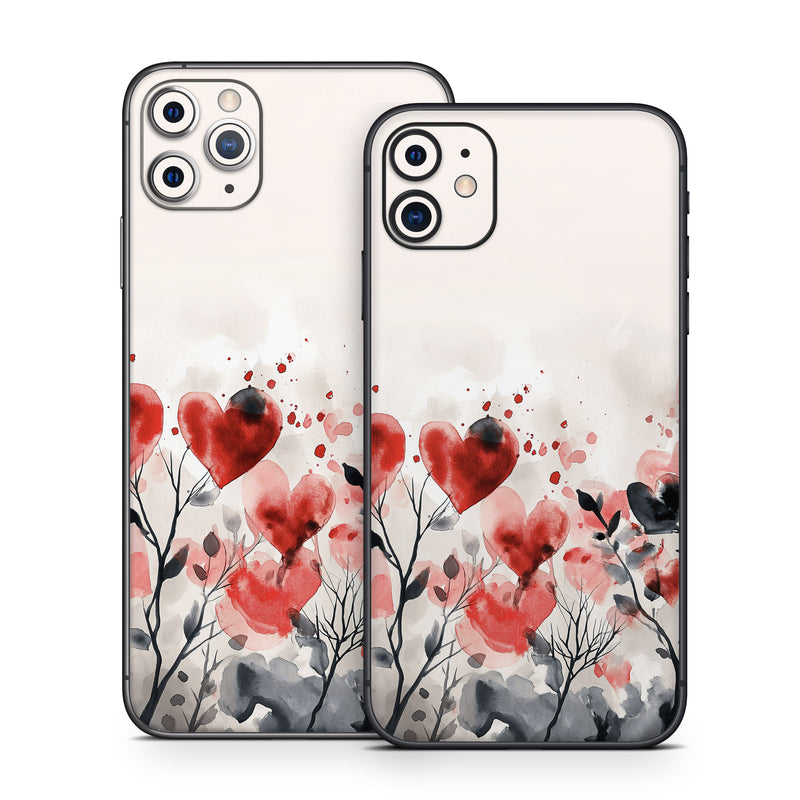 iPhone 11 Series Skin design of Flower, Plant, Petal, Sky, Natural landscape, Twig, Tree, Art, Painting, Flowering plant, with white, black, gray, red, pink colors