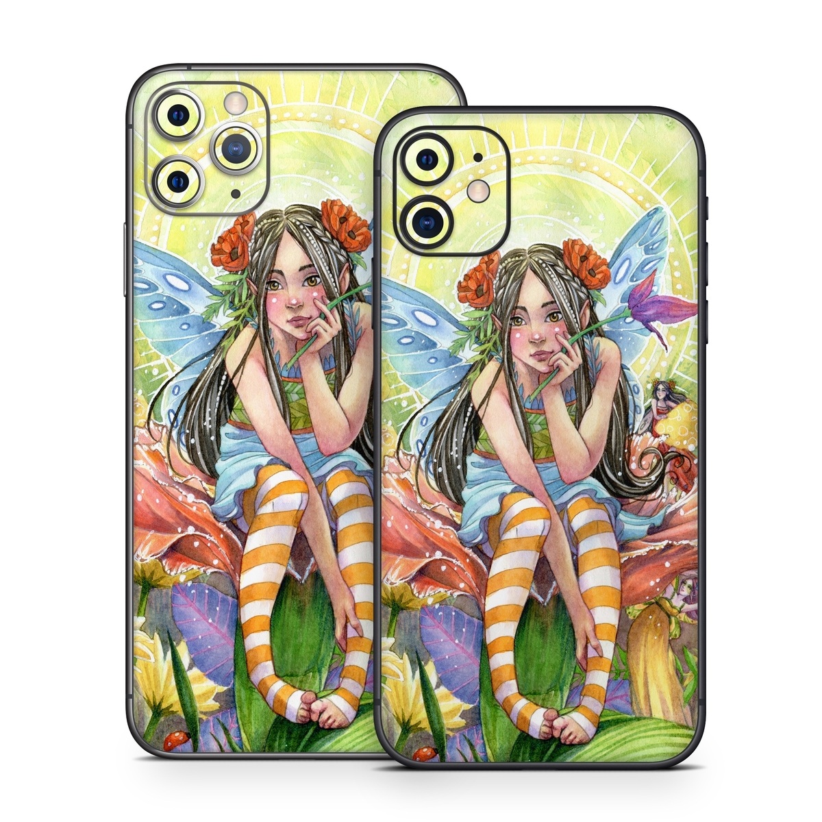 iPhone 11 Series Skin design of Fictional character, Illustration, Art, Plant, Painting, Wildflower, Mythical creature, with gray, green, black, yellow, red colors