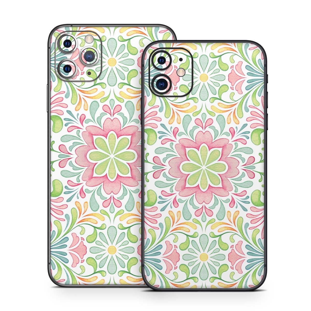 iPhone 11 Series Skin design of Pattern, Pink, Visual arts, Design, Textile, Wrapping paper, Symmetry, Floral design, Motif, with gray, white, pink, green colors