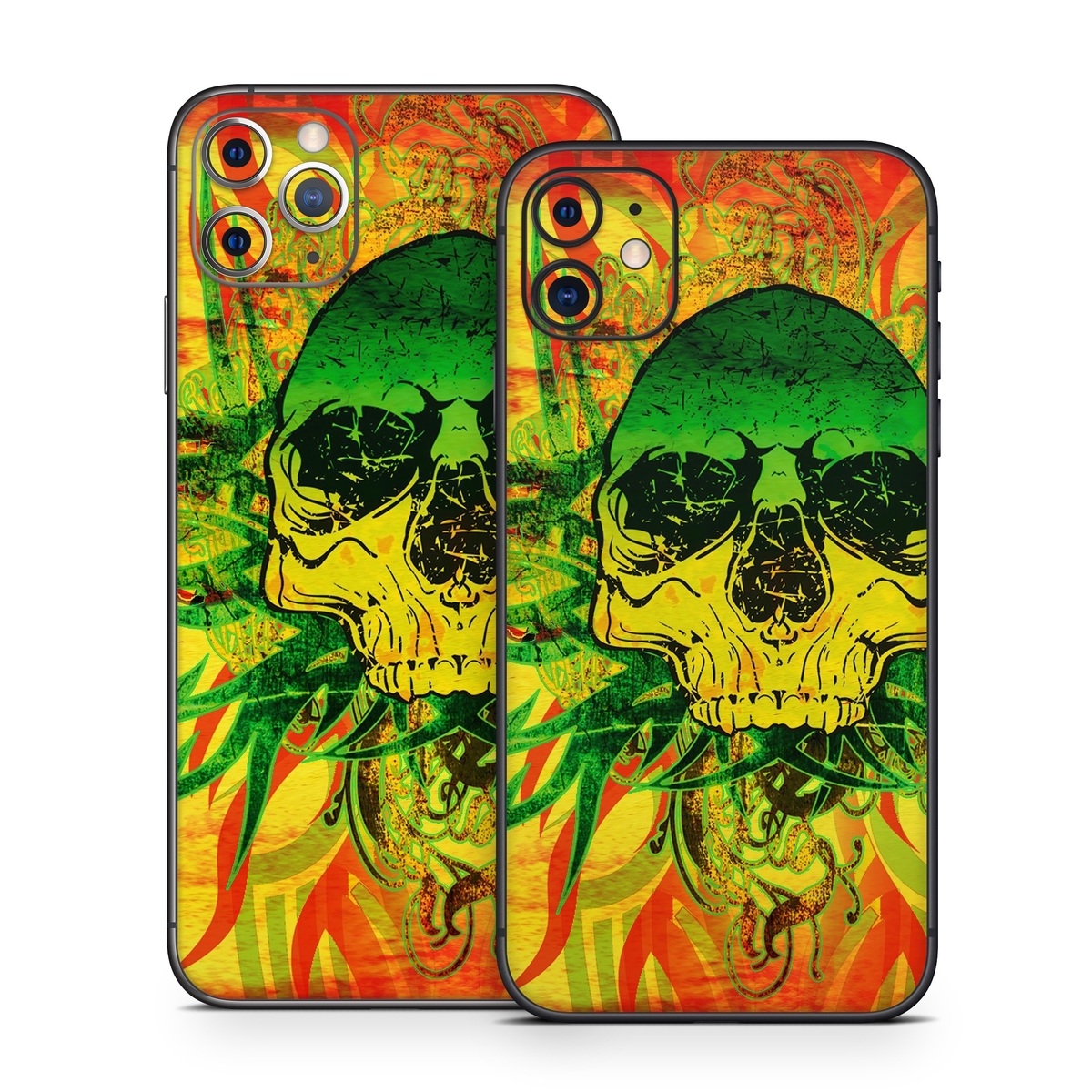 iPhone 11 Series Skin design of Psychedelic art, Skull, Illustration, Bone, Art, Graphic design, Visual arts, Poster, Plant, Painting, with green, orange, black, red colors