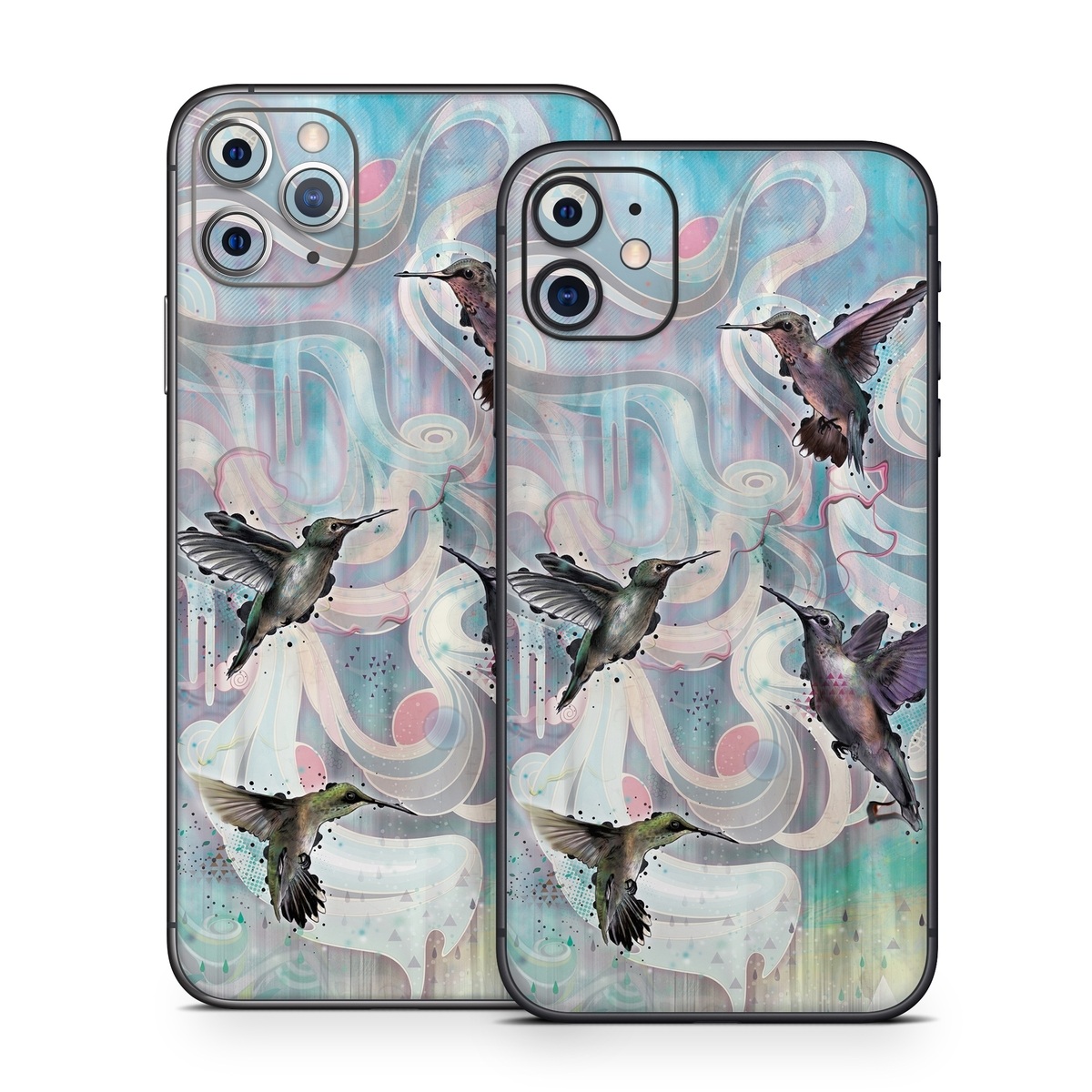 iPhone 11 Series Skin design of Bird, Watercolor paint, Illustration, Hummingbird, Painting, Art, Wing, Fictional character, Acrylic paint, Perching bird, with gray, blue, black colors