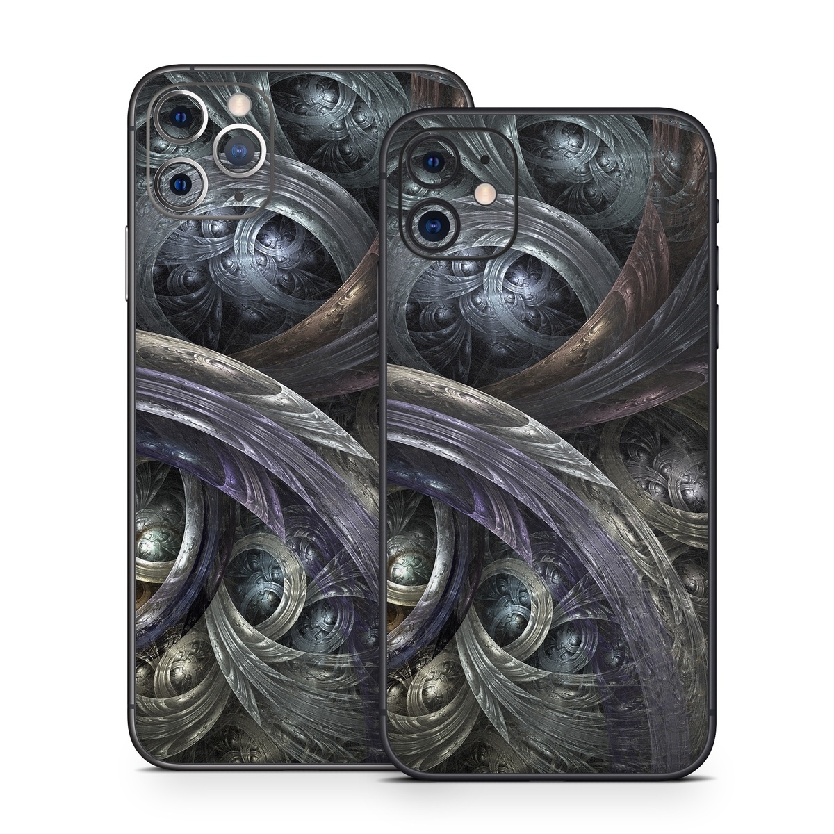 iPhone 11 Series Skin design of Fractal art, Graphic design, Art, Cg artwork, Darkness, Circle, Pattern, Illustration, Graphics, Metal, with black, gray, blue colors