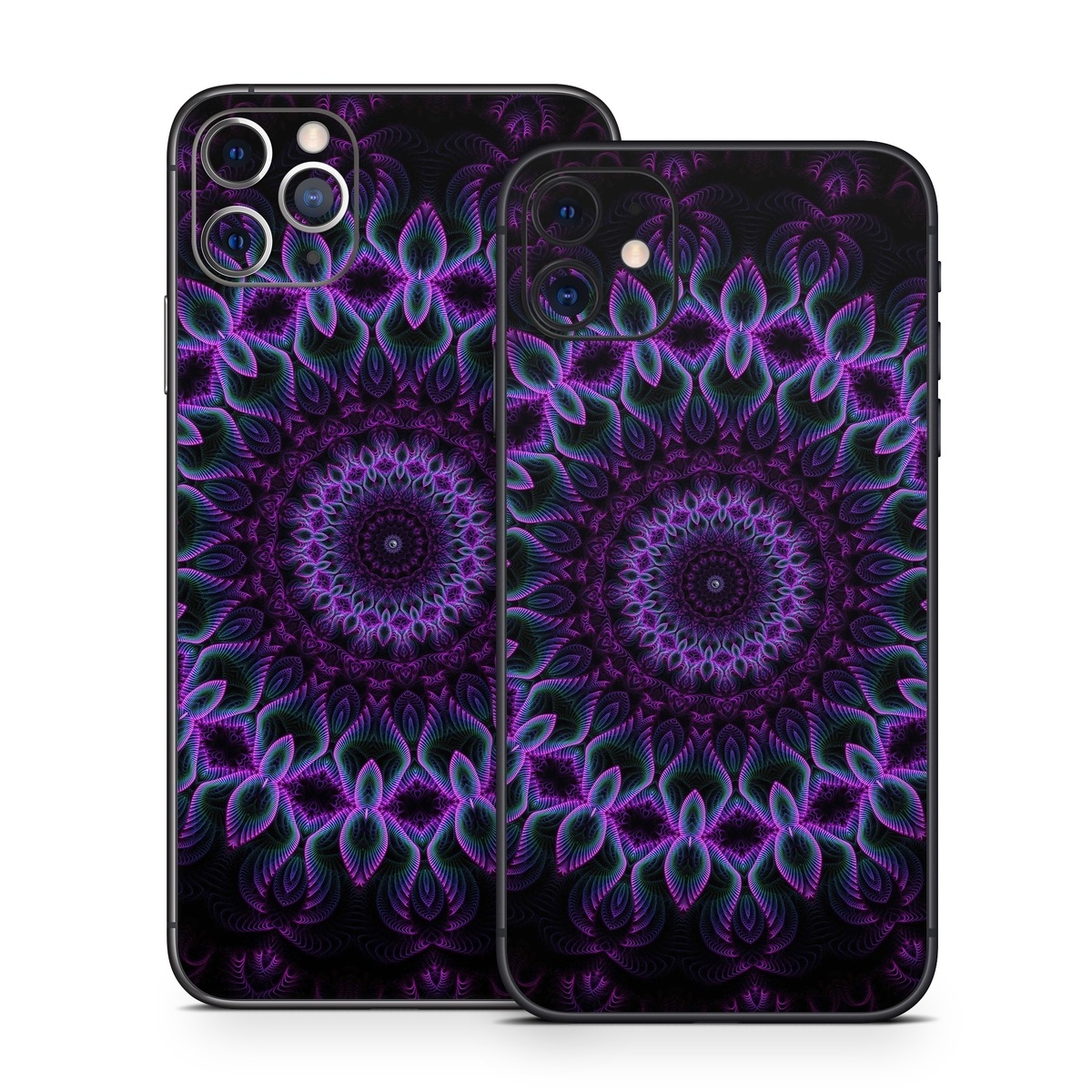 iPhone 11 Series Skin design of Colorfulness, Pattern, Purple, Violet, Magenta, Red, Pink, Art, Fractal Art, Visual Arts, Design, Circle, Symmetry, Psychedelic Art, Motif, Kaleidoscope, Graphics, with black, purple, blue, white colors
