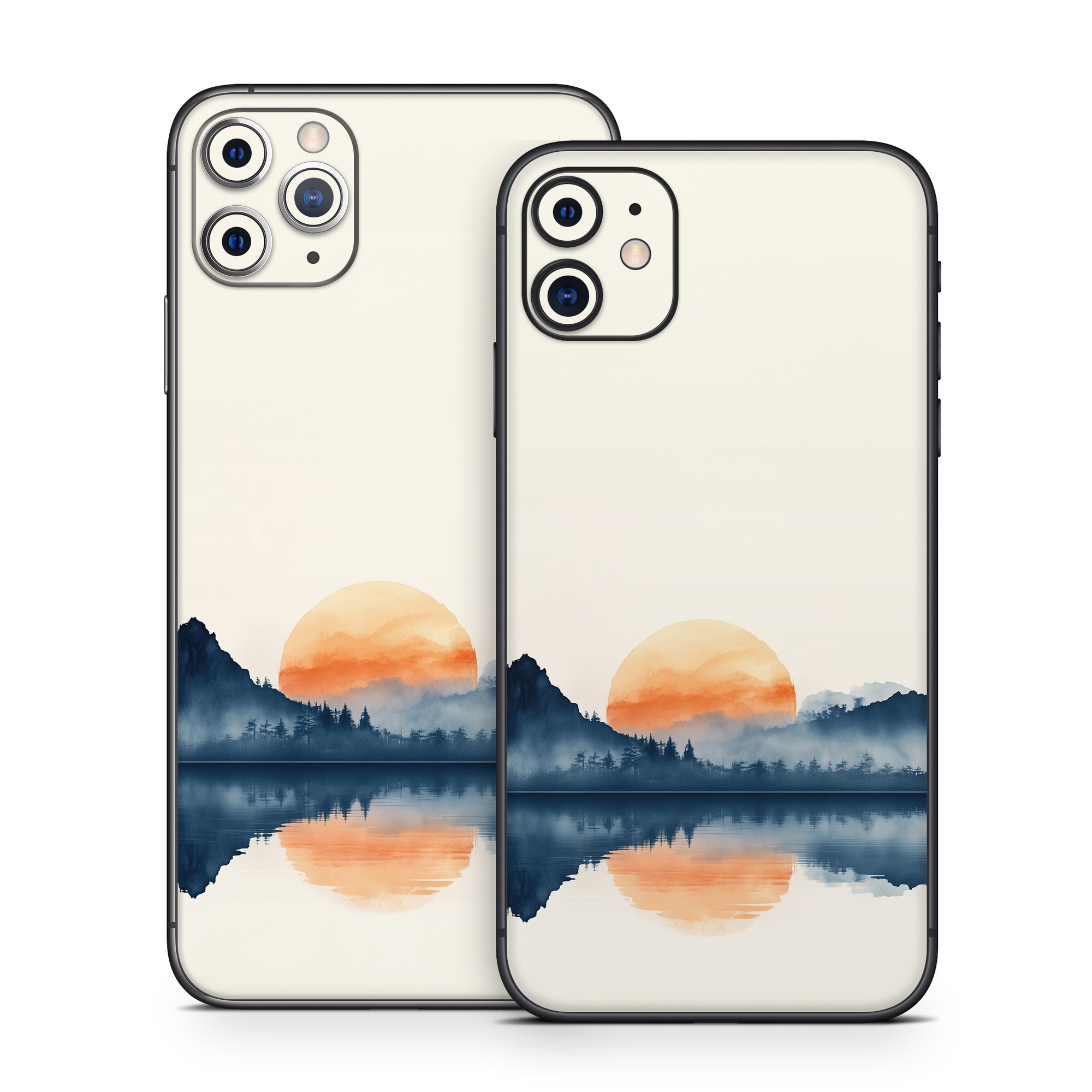 iPhone 11 Series Skin design of Water, Water resources, Sky, Mountain, Natural landscape, Lake, Atmospheric phenomenon, Landscape, Horizon, Afterglow, with black, blue, white, gray, yellow, orange, red colors