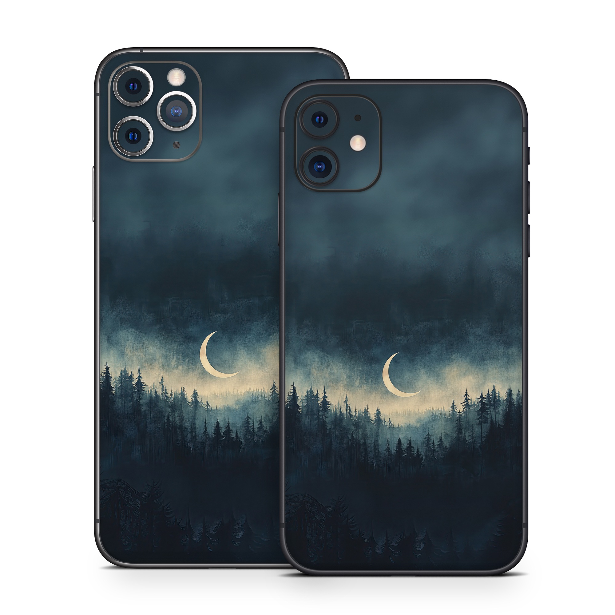 iPhone 11 Series Skin design of Cloud, Sky, Atmosphere, Moon, Ecoregion, Crescent, Natural landscape, Tree, Plant, Dusk, with black, blue, white, gray colors