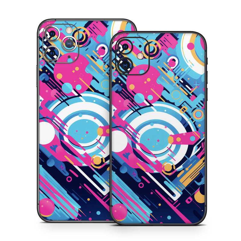 iPhone 11 Series Skin design of Colorfulness, Font, Line, Material property, Art, Magenta, Pattern, Electric blue, Circle, Graphics, with blue, pink, black, white, orange colors
