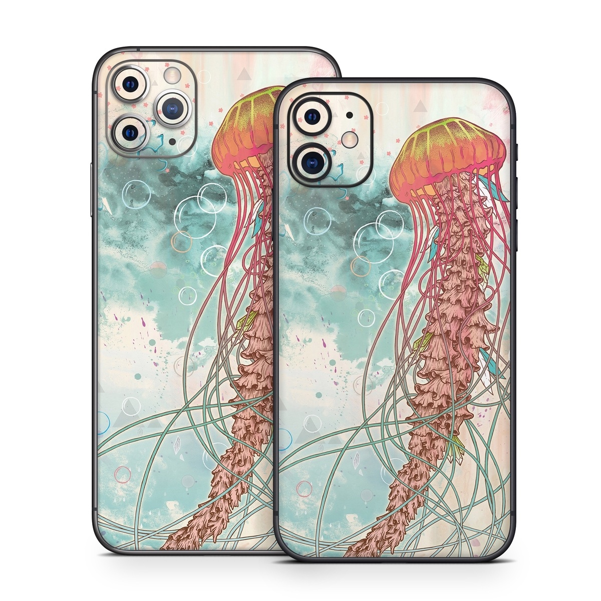 iPhone 11 Series Skin design of Jellyfish, Illustration, Water, Cnidaria, Marine invertebrates, Organism, Portuguese man o' war, Art, Nepenthes, Invertebrate, with gray, pink, yellow, red, green colors