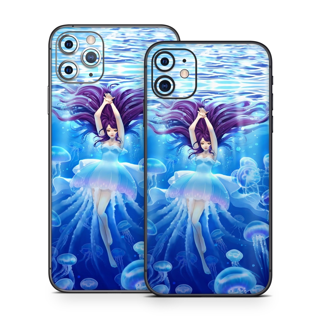 iPhone 11 Series Skin design of Jellyfish, Cnidaria, Organism, Marine biology, Marine invertebrates, Water, Bioluminescence, Illustration, Electric blue, Fictional character, with blue, purple, gray colors