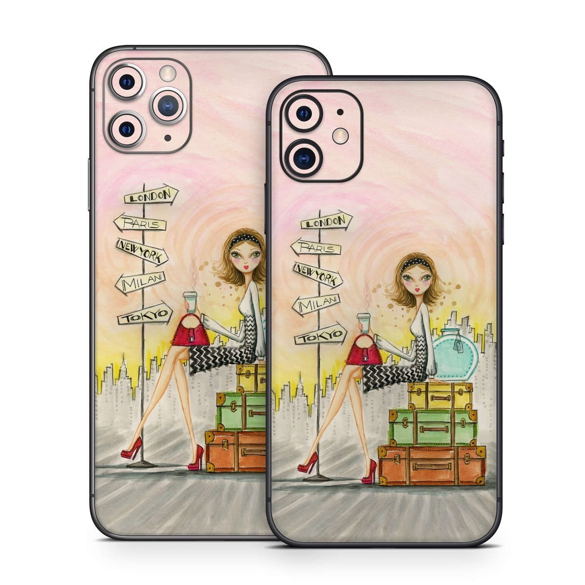 iPhone 11 Series Skin design of Cartoon, Illustration, Art, Watercolor paint, with gray, pink, green, red, black colors