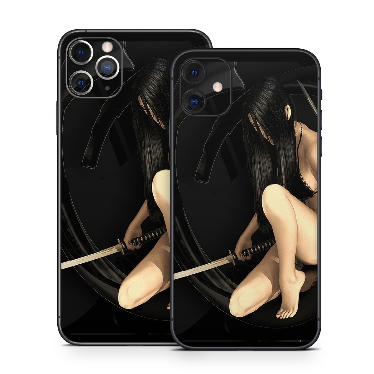 iPhone 11 Series Skin design of Black, Photography, Leg, Black hair, Cg artwork, Darkness, Fetish model, Sitting, Flash photography, with black, yellow, gray, white colors