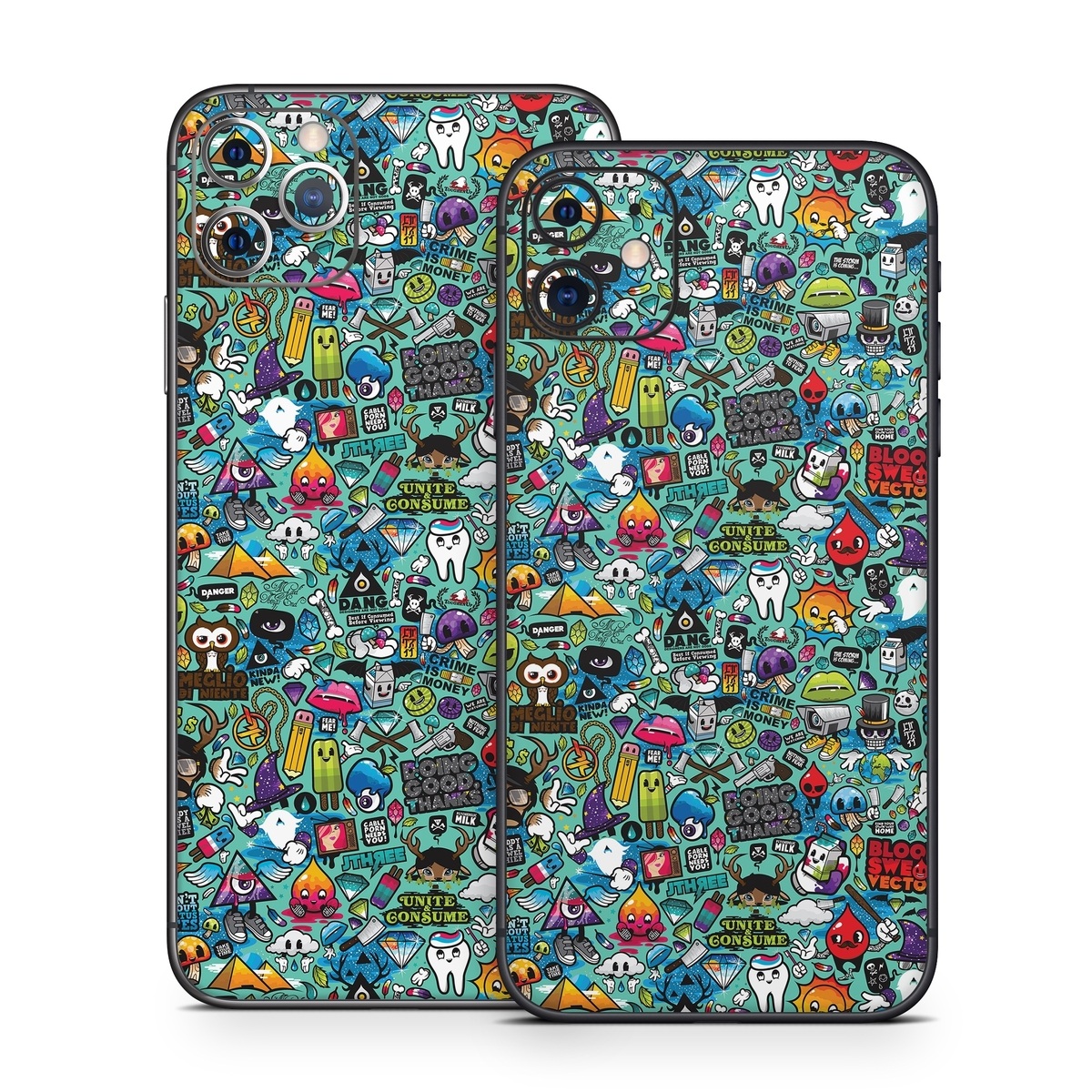 iPhone 11 Skin design of Cartoon, Art, Pattern, Design, Illustration, Visual arts, Doodle, Psychedelic art with black, blue, gray, red, green colors