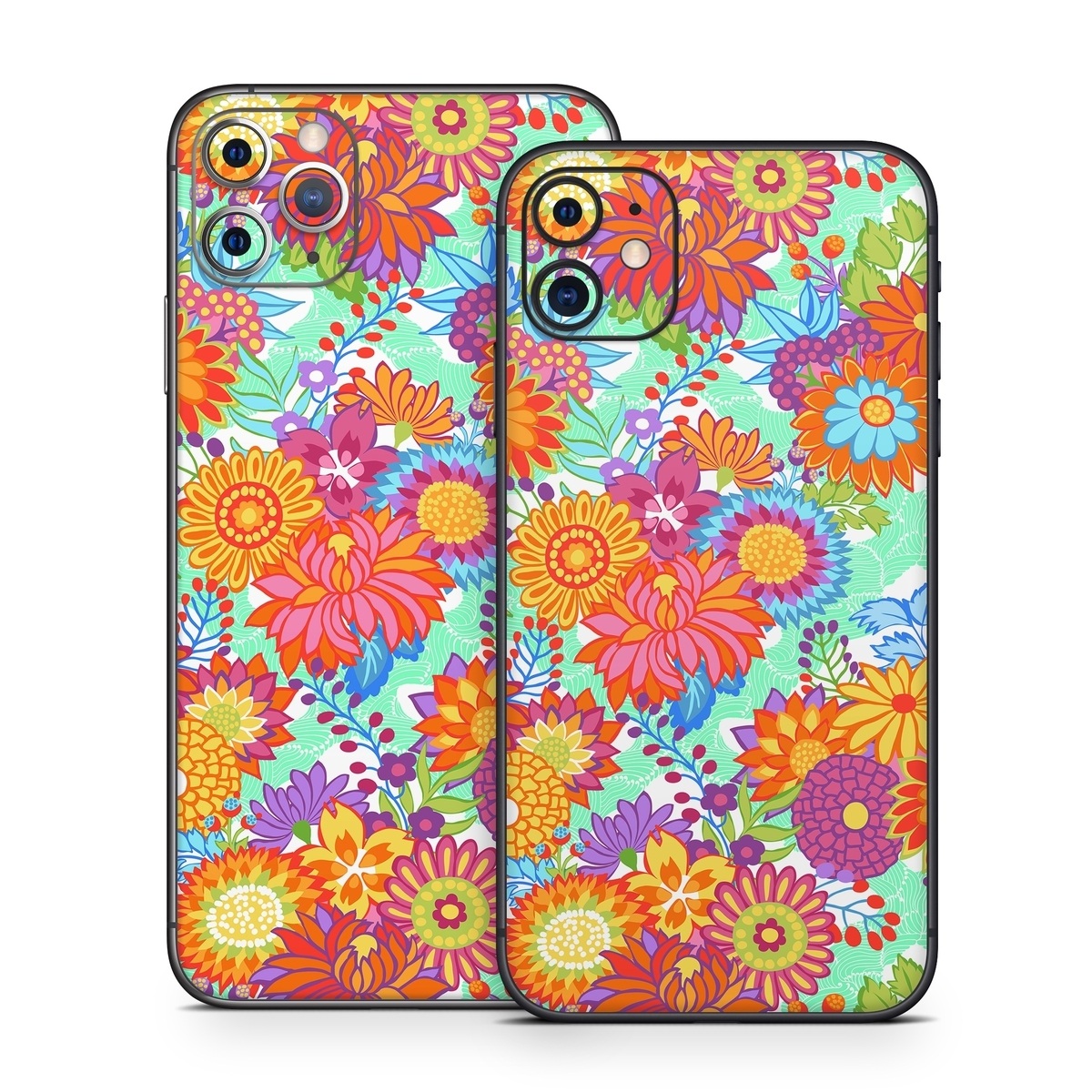 iPhone 11 Series Skin design of Pattern, Floral design, Orange, Flower, Design, Textile, Plant, Wildflower, Wrapping paper, Visual arts, with gray, orange, green, purple colors