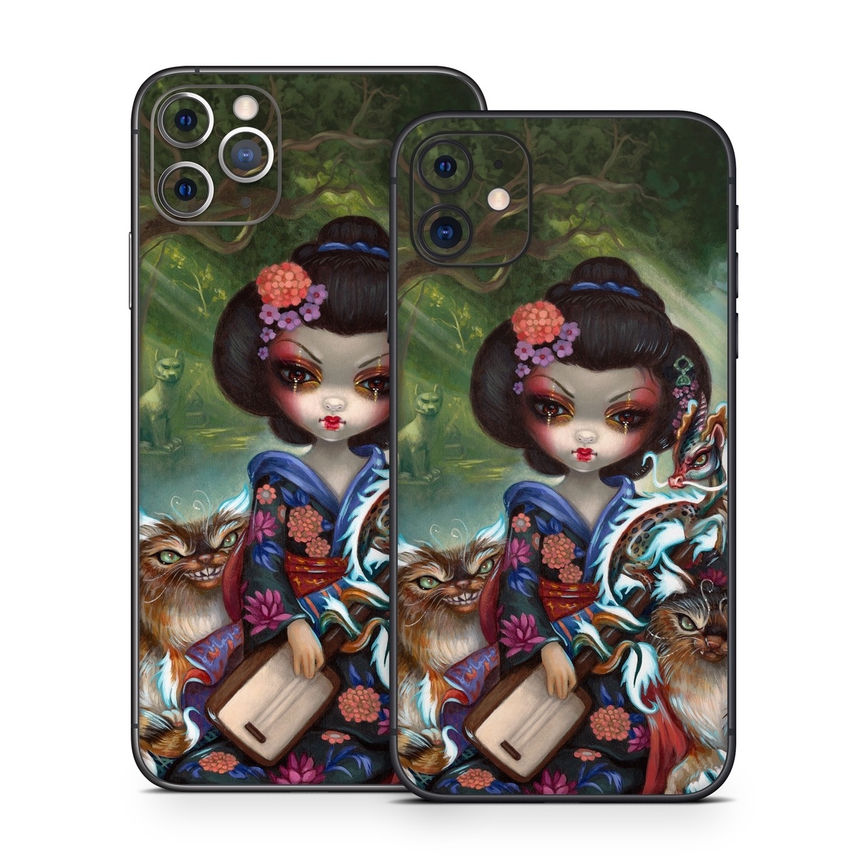 iPhone 11 Series Skin design of Cat, Felidae, Whiskers, Illustration, Art, Small to medium-sized cats, Doll, Kitten, Norwegian forest cat, Fawn, with black, white, red, brown, blue, green, pink, purple colors