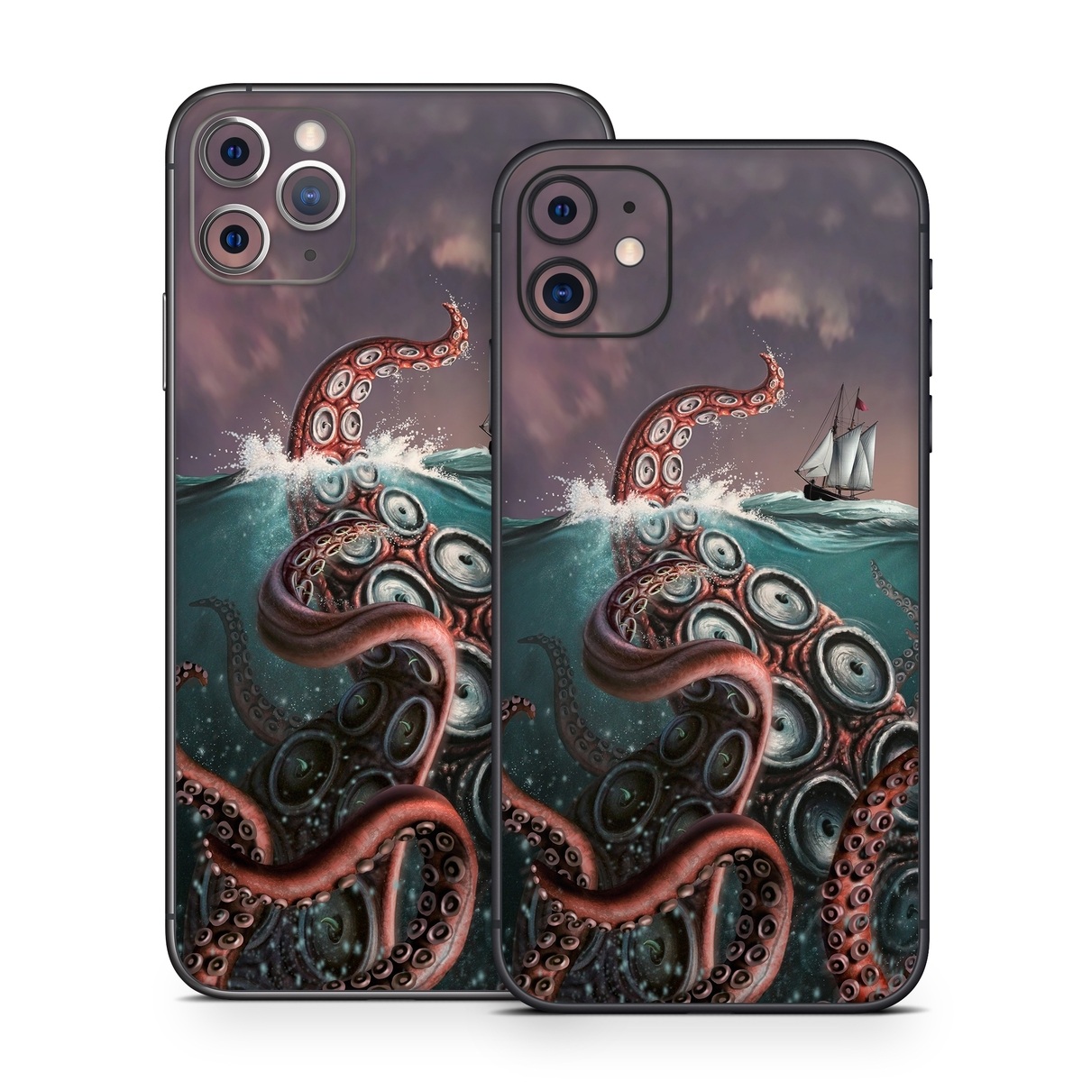 iPhone 11 Series Skin design of Octopus, Water, Illustration, Wind wave, Sky, Graphic design, Organism, Cephalopod, Cg artwork, giant pacific octopus, with blue, gray, white, brown, red colors