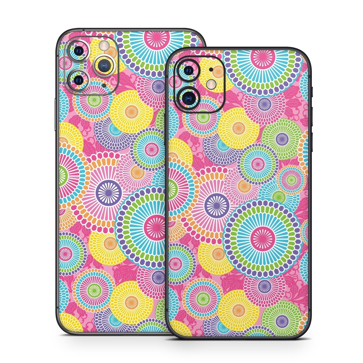 iPhone 11 Series Skin design of Pattern, Circle, Textile, Design, Visual arts, Wrapping paper, with gray, pink, purple, orange, blue, green colors