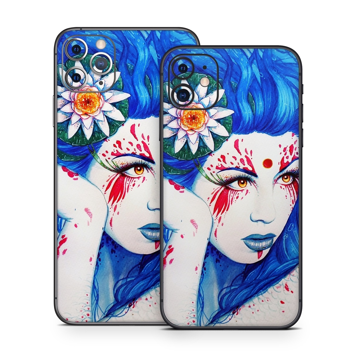 iPhone 11 Series Skin design of Hairstyle, Paint, Art paint, Blue, Painting, Eyelash, Art, Artist, Electric blue, Illustration, with white, blue, red, yellow, green, orange colors