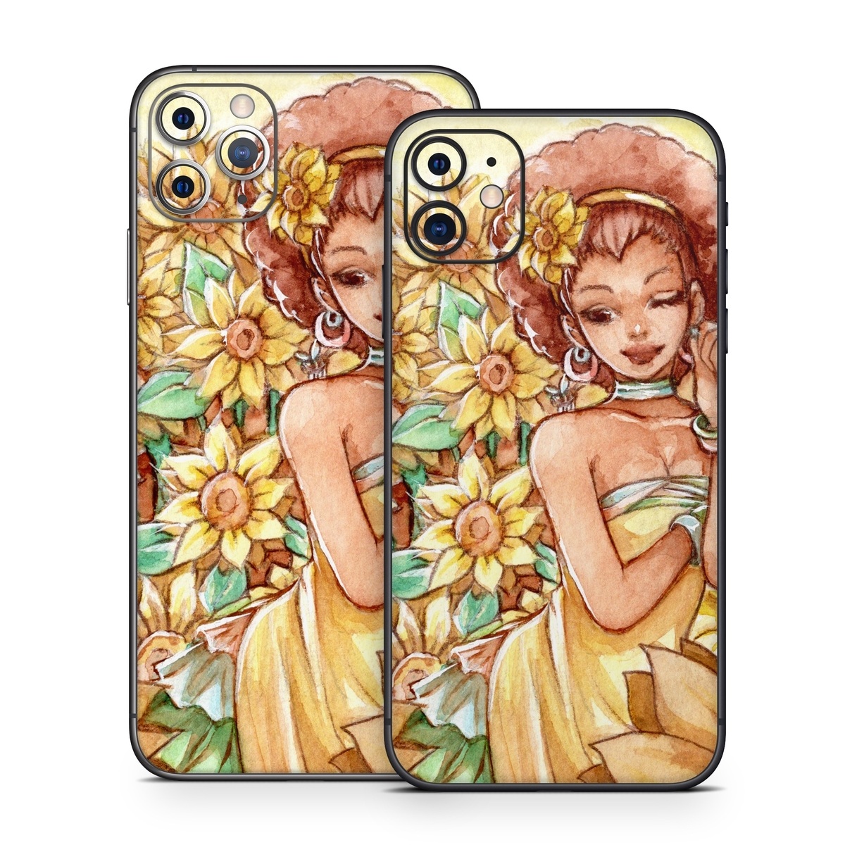 iPhone 11 Series Skin design of Painting, Illustration, Art, Fictional character, Plant, Flower, Clip art, with yellow, orange, brown, green colors