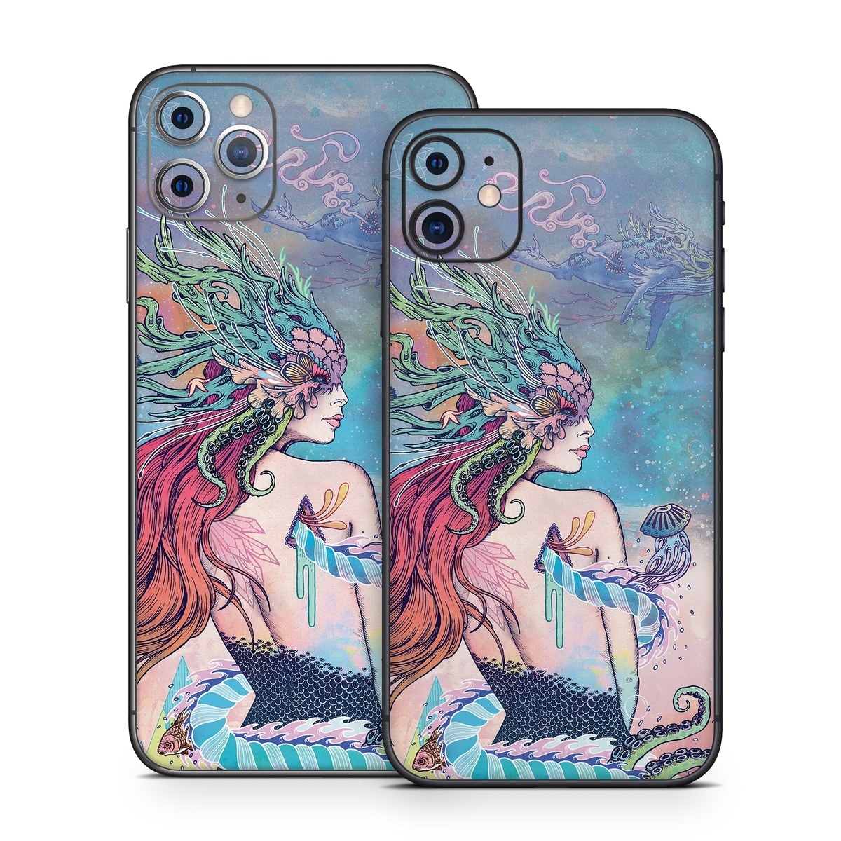 iPhone 11 Series Skin design of Illustration, Fictional character, Art, Cg artwork, Fiction, Mythology, Painting, Mermaid, with blue, purple, green, red, yellow, pink colors