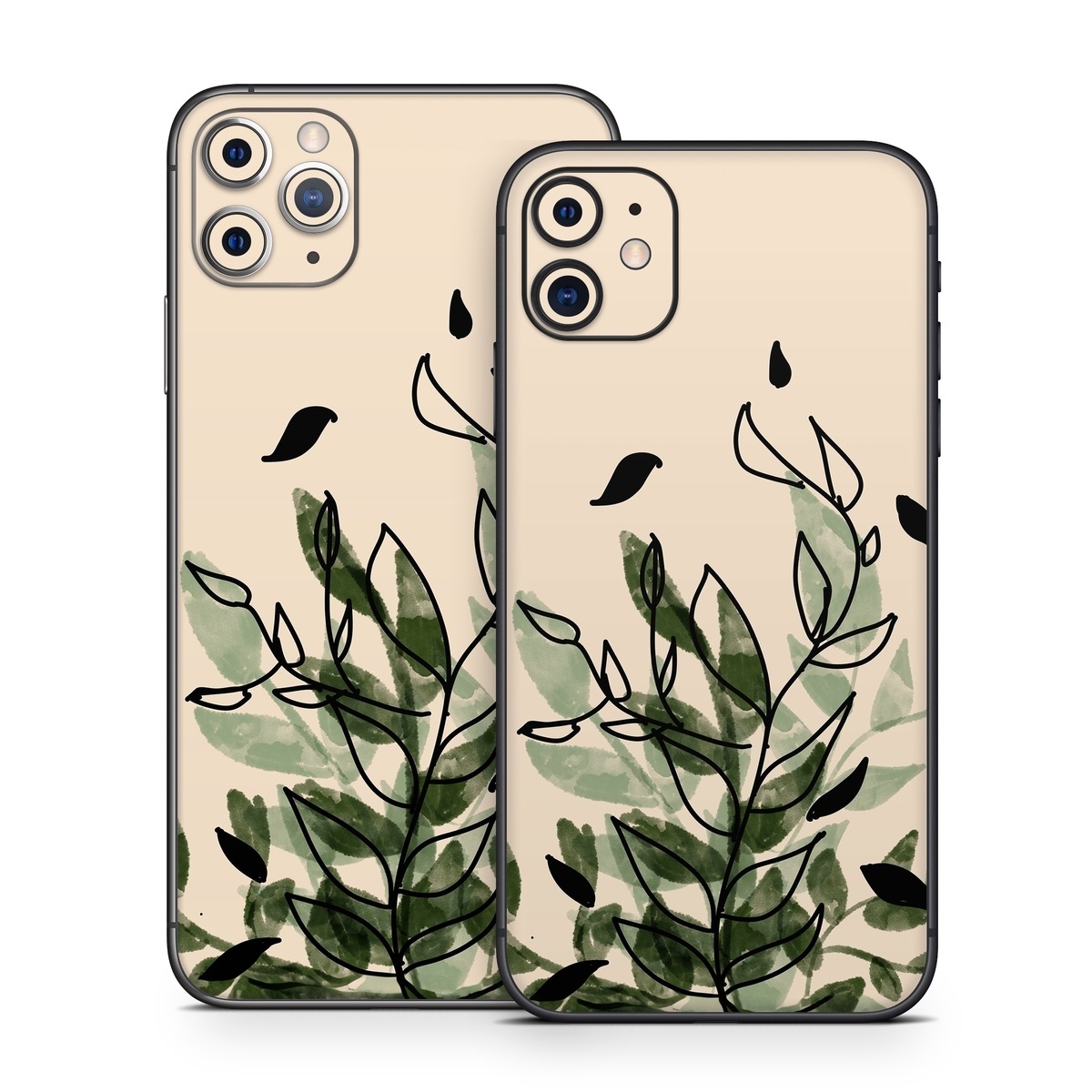 iPhone 11 Series Skin design of Leaf, Plant, Botany, Branch, Flower, Plant Stem, Pedicel, Twig, Illustration, with green, black, brown colors