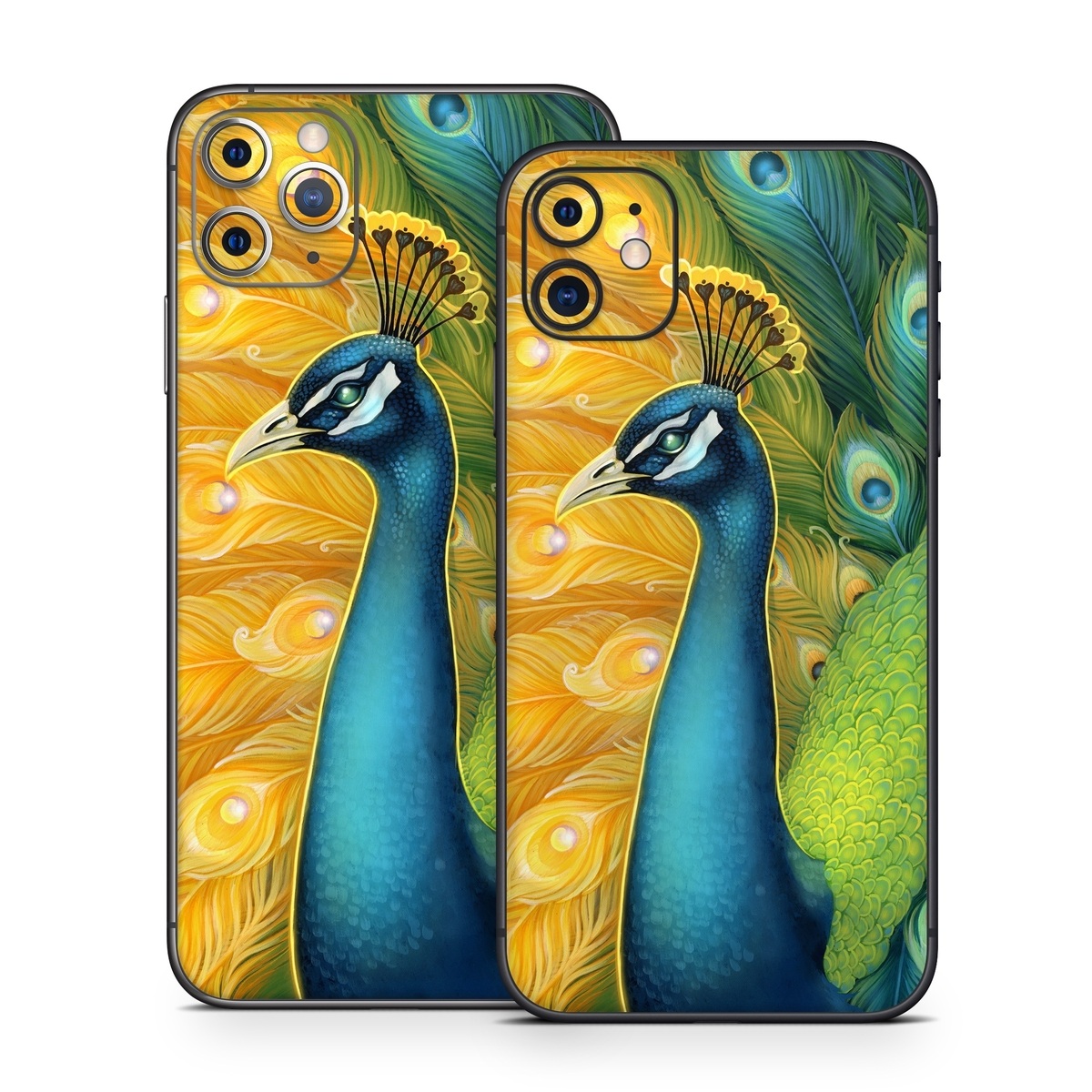 iPhone 11 Series Skin design of Bird, Peafowl, Phasianidae, Beak, Organism, Art paint, Galliformes, Art, Feather, Painting, with yellow, orange, green, blue, white, black colors