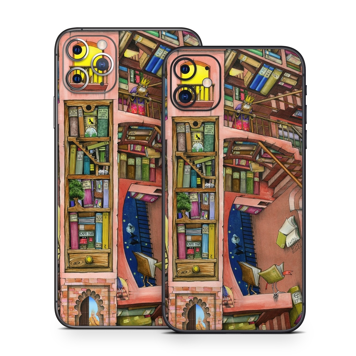 iPhone 11 Series Skin design of Cartoon, Building, Art, Architecture, Design, Fun, Retail, Illustration, Neighbourhood, Room, with pink, yellow, blue, red, orange, brown colors